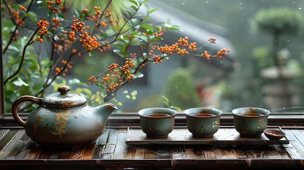 Réglage de l'heure du thé tranquille avec des théières et des tasses en céramique confort paisible et traditionnel pour les jours de pluie élégance simple capturée idéal pour la relaxation thèmes AI