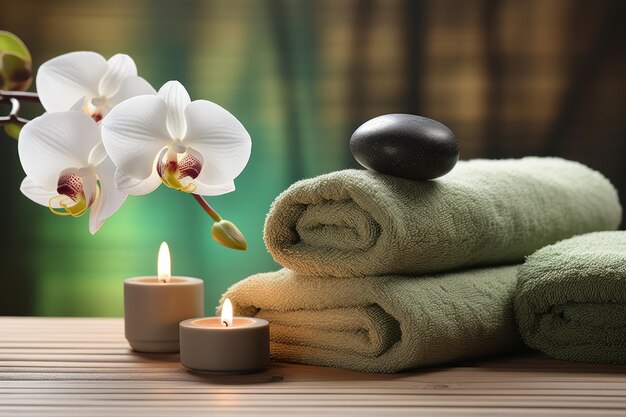 Photo réglage de spa avec des serviettes roulées vertes moelleuses, des bougies et une fleur d'orchidée blanche sur la table en bois