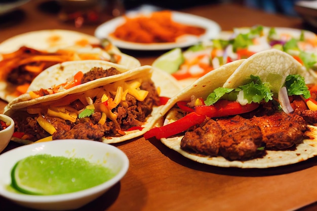 Réglage de la table au restaurant avec de délicieux tacos mexicains fourrés à la viande