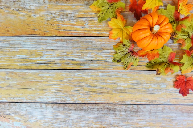 Réglage de la table d'automne avec des citrouilles vacances - cadre de Thanksgiving décoration de feuilles d'automne festive sur fond en bois