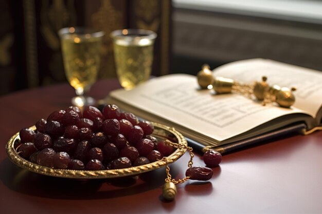 Réglage de la table avec une grappe de raisin et un livre ouvert Generative AI