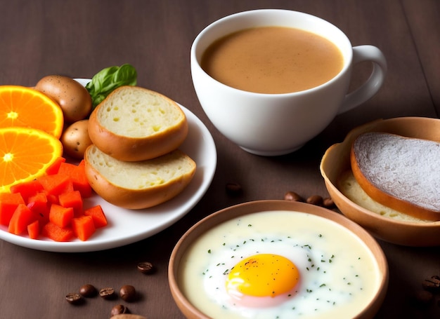 Réglage de la table pour le petit déjeuner. Dans le cadre tranche d'orange, pain grillé, thé Oeuf demi-frit