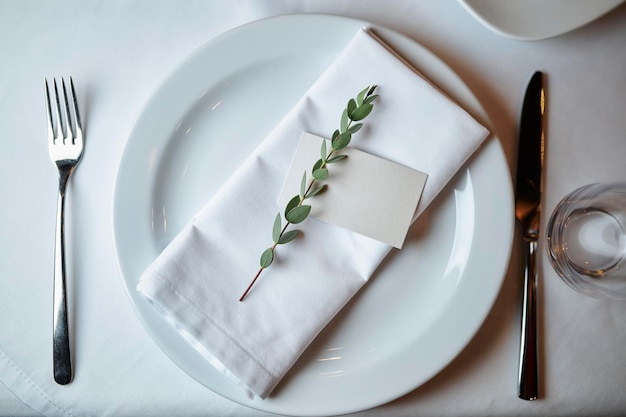 Réglage de la table de vacances d'été avec couverts en argent branche d'olivier assiette en porcelaine vue de dessus à plat