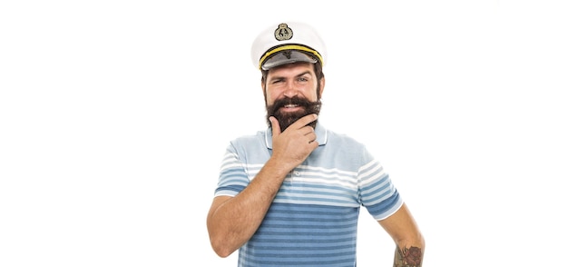 Règle de la barbe Heureux marin avec barbe hipster Homme barbu en uniforme de la marine isolé sur blanc Barbershop Beard barber Toilettage de la barbe Voyage en mer Aventure marine Allons naviguer