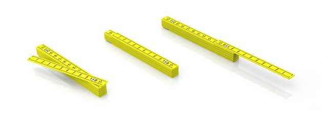 Règles en bois pliantes jaunes isolées sur fond blanc bannière illustration 3d