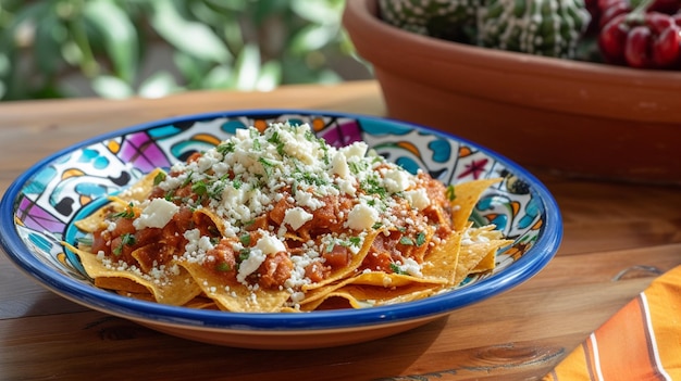 Réglez les chilaquiles sur une assiette colorée ou dans un bol peu profond pour une présentation visuellement frappante Vous pouvez empiler les chips soigneusement ou les étaler en une seule couche selon votre préférence