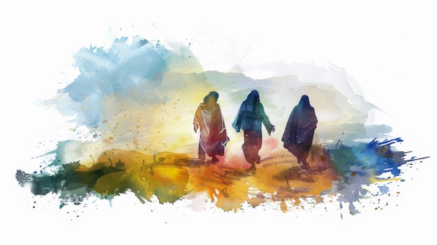 Photo réimaginer jésus et ses disciples marchant vers emmaüs dans une aquarelle numérique sur une toile blanche