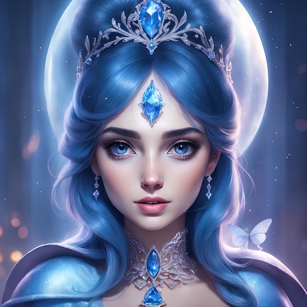 reine de conte de fées fantastique avec illustration numérique de couronne bleue et rose belle femme fantastique en b