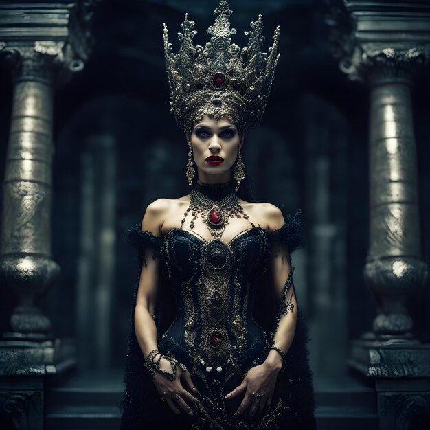 La reine des damnés posant dans une salle du trône portant sa couronne.