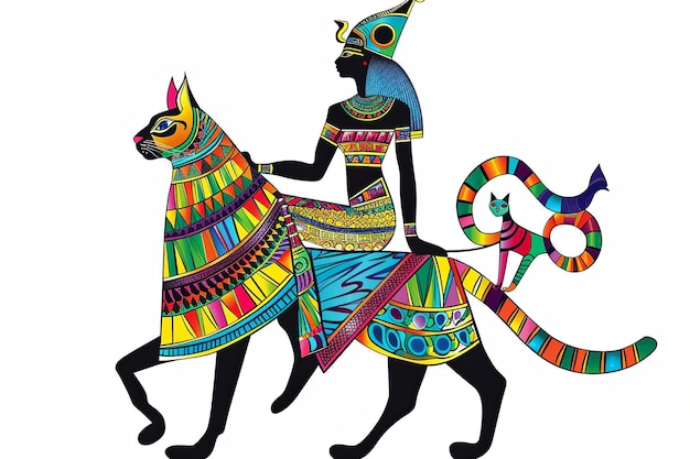 Photo la reine égyptienne à cheval sur un chat vecteur illustration simple
