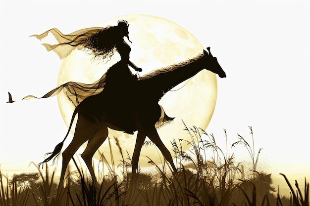 Photo reine égyptienne à cheval sur une girafe illustration à la lune folle