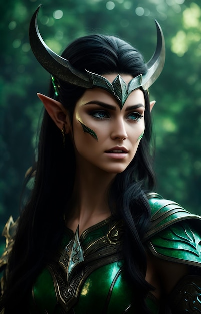 reine elfe aux oreilles pointues yeux verts beau corps entier cheveux noirs portant une tenue de guerrier ultra