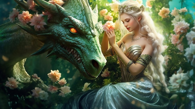 La reine fantastique étreint le dragon Arbres à fleurs magiques Feuilles vertes Déesse princesse