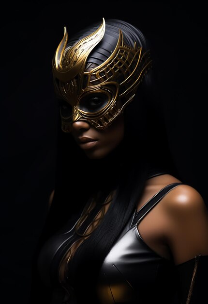 La reine guerrière afro avec un masque doré, des costumes de guerrière complète, une belle mannequin à la peau foncée, un costume fantastique.