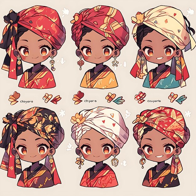 Photo une reine tribale africaine colorée chibi kawaii une collection de personnages mignons fashi à l'impression africaine