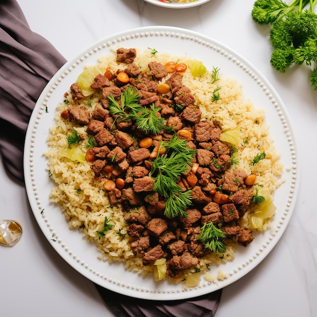 Des reins sur des oignons avec du riz sur une assiette