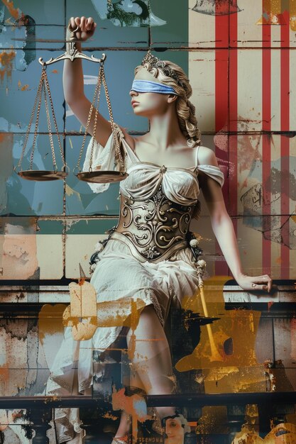 Photo réinterprétation de la justice thémis un collage capturant l'essence de l'équilibre juridique symbolisant l'égalité et l'impartialité dans un récit visuel contemporain