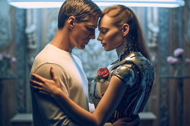 Relation amoureuse entre un humain et un robot La connexion des sentiments humains Future attitud femme androïde ciborg robot intelligence artificielle robotisation et automatisation IA générative