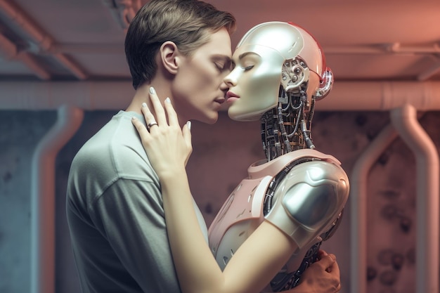 Relation amoureuse entre un humain et un robot La connexion des sentiments humains Future attitud femme androïde ciborg robot intelligence artificielle robotisation et automatisation IA générative