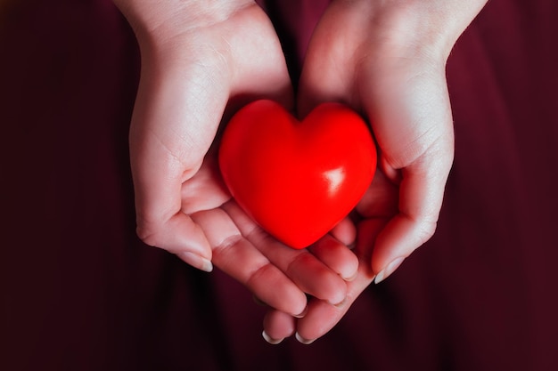 Relation entre les gens et concept d'amour gros plan des mains en coupe de la femme montrant un coeur rouge