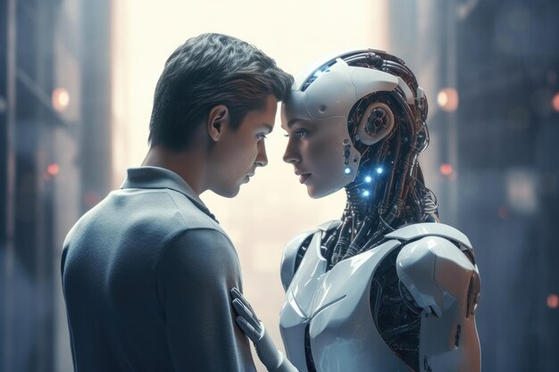 Relation entre l'homme et le robot Concept d'avenir futuriste Future réalité fausse relation