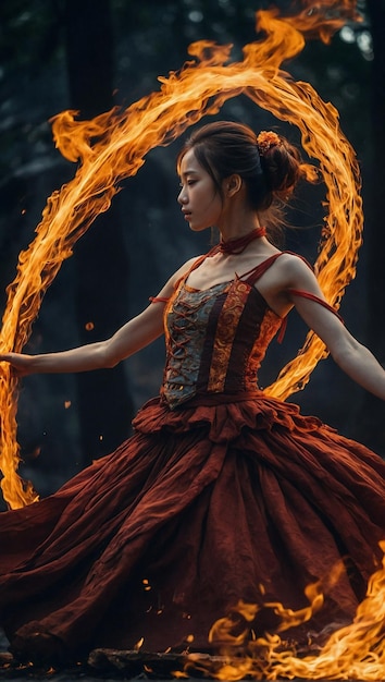 Photo relato anime de un espiritu de fuego danza de llamas como cintas de seda cada giro una pincelada de