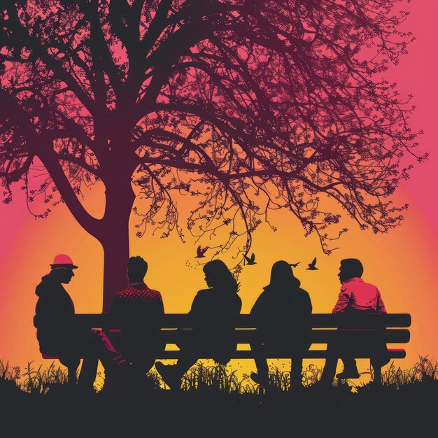 relaxation sur un banc de parc silhouettes de personnes diverses