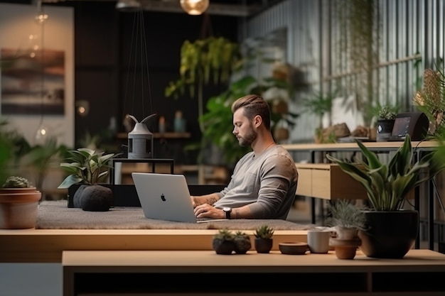 Relaxation sur le lieu de travail avec un homme assis en position de lotus sur un bureau