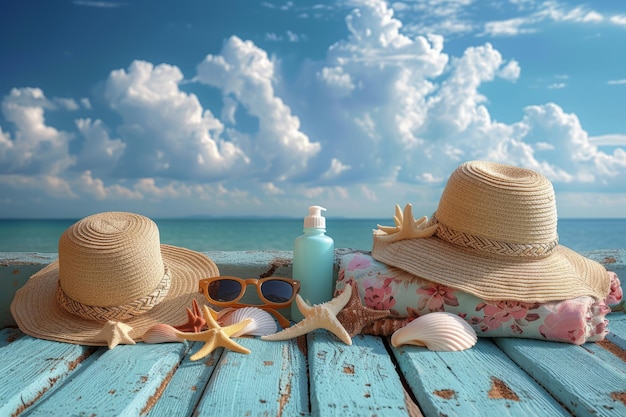 Relaxation à la plage avec des chapeaux de paille, des lunettes de soleil, de la crème solaire et des coquillages.