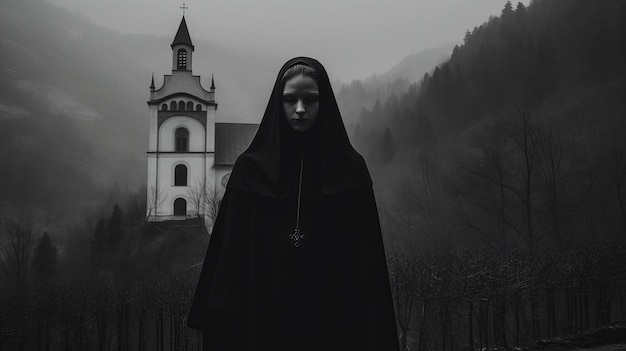 religieuse dans un monastère gothique le soir