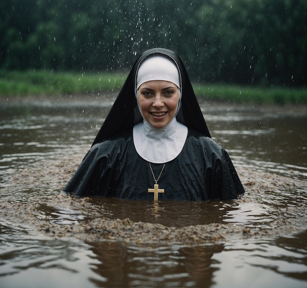 une religieuse porte une religieuse noire dans l'eau