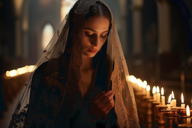 Une religieuse priant dans une église avec des bougies Des lumières soignées et de jolies robes