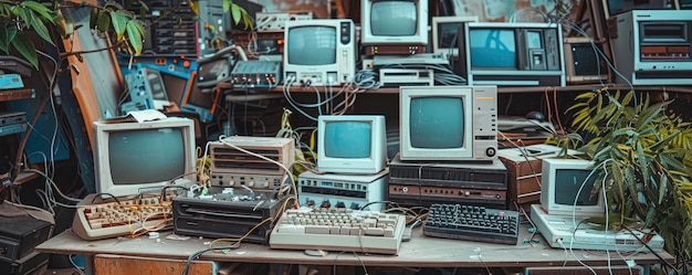 Des reliques de la technologie rétro, des déchets informatiques des années 1980 et 1990, en attente de recyclage, un rappel nostalgique de l'évolution technologique.
