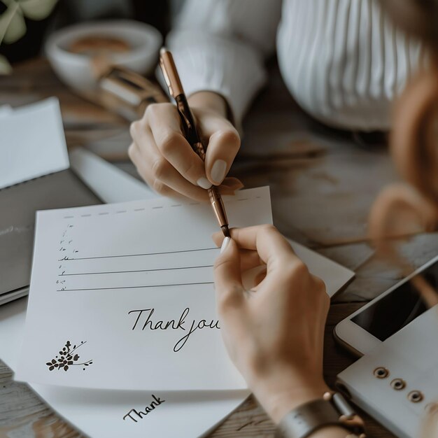 Des remerciements et des mots de motivation écrits à la main à l'aide d'un stylo plume sur des cartes créatives