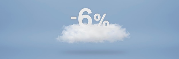 Remise 6 % Grandes remises vente jusqu'à 6 % Les numéros 3D flottent sur un nuage sur fond bleu Copiez l'espace Bannière publicitaire et affiche à insérer dans le projet