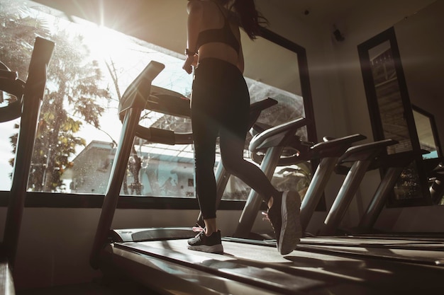 Remise en forme, entraînement, exercice de gym, mode de vie et concept sain. Femmes marchant sur le tapis roulant dans la salle de gym pour une bonne santé et force au coucher du soleil.