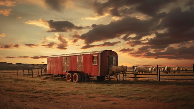 Une remorque à chevaux avec une remorque rouge qui dit cheval