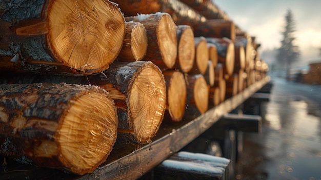 Une remorque transportant des bûches de bois Une pile de bûches dans un grand véhicule de remorque