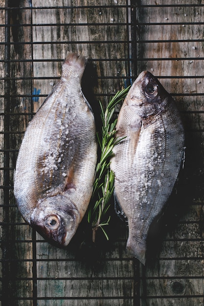 Remorquer le poisson cru de la dorade au romarin sur le gril