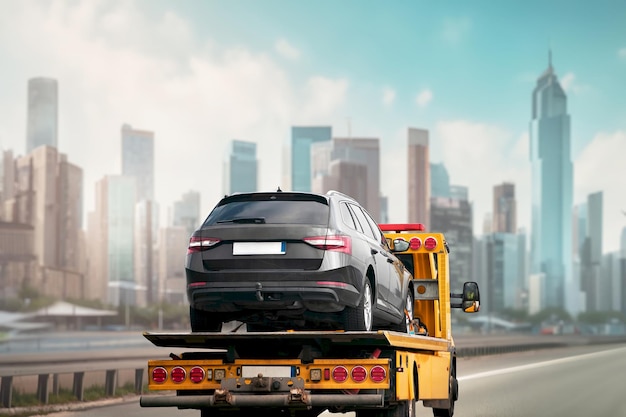 Photo un remorqueur à plate-forme est prêt à vous aider en cas de panne de véhicule ou d'accident sur l'autoroute et dans les rues urbaines.