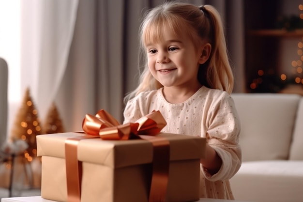 Remplie d'anticipation, une fille dont c'est l'anniversaire ouvre avec enthousiasme une grande boîte cadeau, sa joie rayonnant à travers