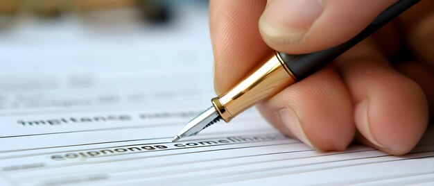 Remplir un formulaire d'entreprise avec un stylo Vue rapprochée Concept Formules d'entreprise Pénographie Papers d'entreprise Écriture à la main Articles de bureau professionnels