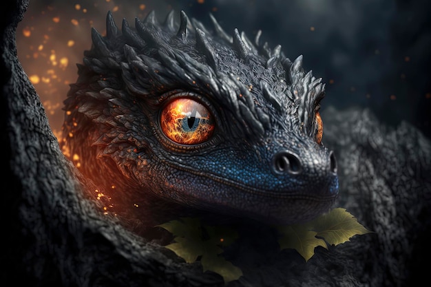 La renaissance d'un bébé dragon noir de ses cendres jette un feu de feu sur son dos mystérieux lave de fumée hallucinante de beaux yeux détaillés AIGenerated