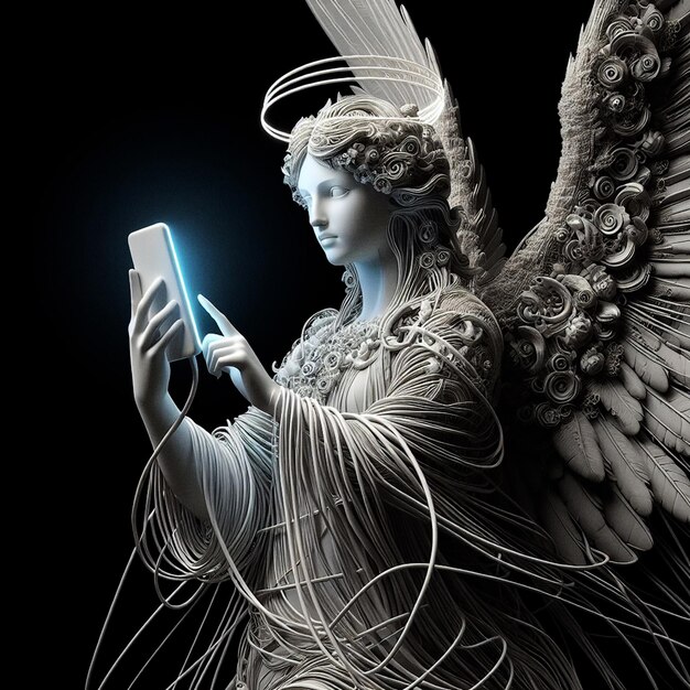 Renaissance sculpte en regardant le rendu 3D du téléphone