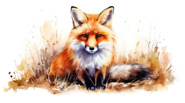 Renard aquarelle expressif avec queue touffue et yeux alertes sur fond blanc généré par l'IA