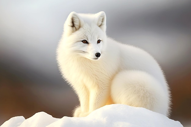 Le renard arctique blanc comme neige aux flancs rouges grimpe sur la colline dans la neige