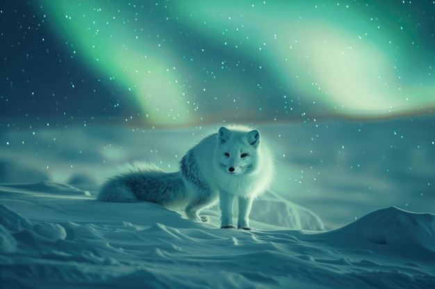 Un renard arctique dans un paysage enneigé sous les aurores boréales