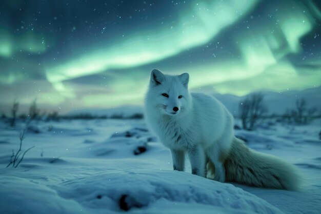 Un renard arctique dans un paysage enneigé sous les aurores boréales