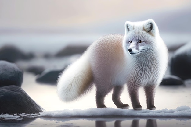 Le renard arctique avec un épais manteau de laine et une queue touffue se dresse sur la glace