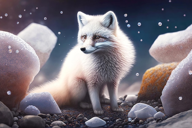 Le renard arctique marche péniblement dans la neige sur ses pattes parmi des cristaux étincelants